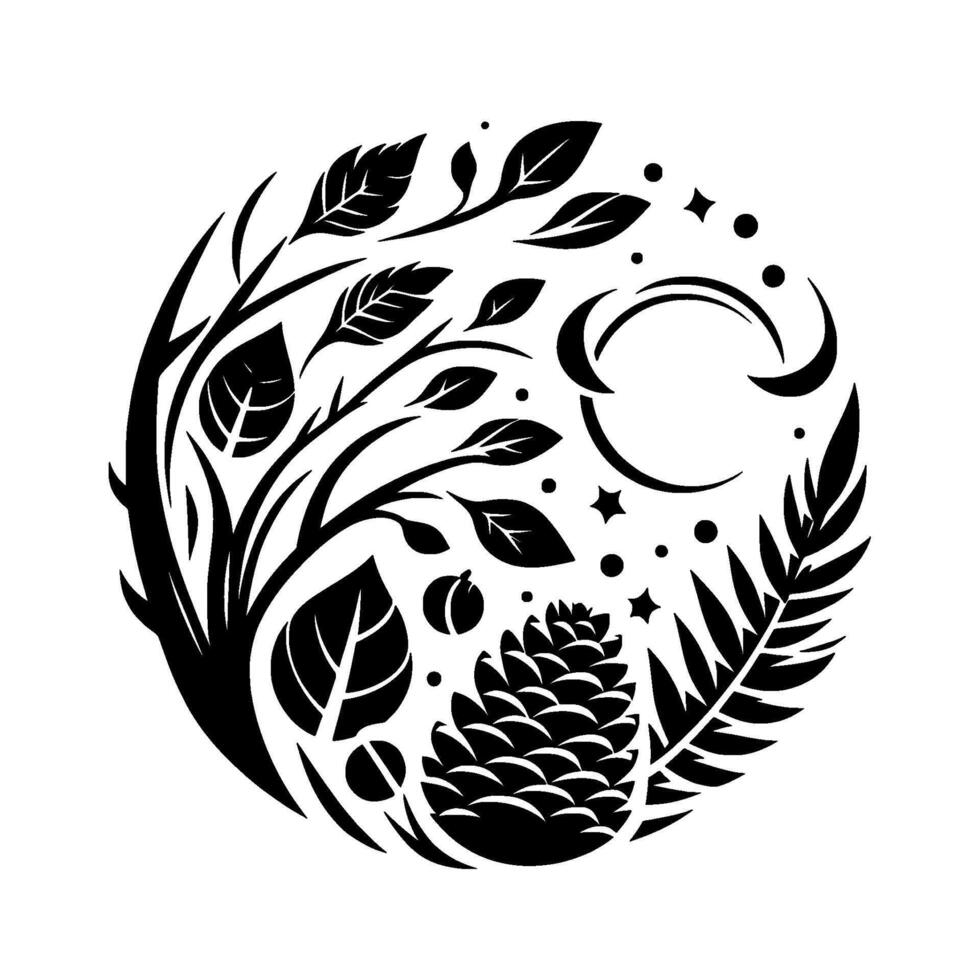 A monochrome circular illustration featuring a tree branch, pinecone, ferns, crescent moons, and stars, symbolizing natures elements and celestial harmony. vector