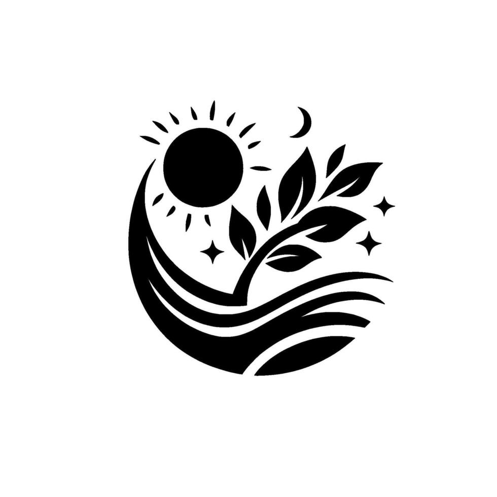 Black and White Abstract Emblem Sun, Moon, Waves, Plant, Stars, Representing Harmony of Natures Elements. vector