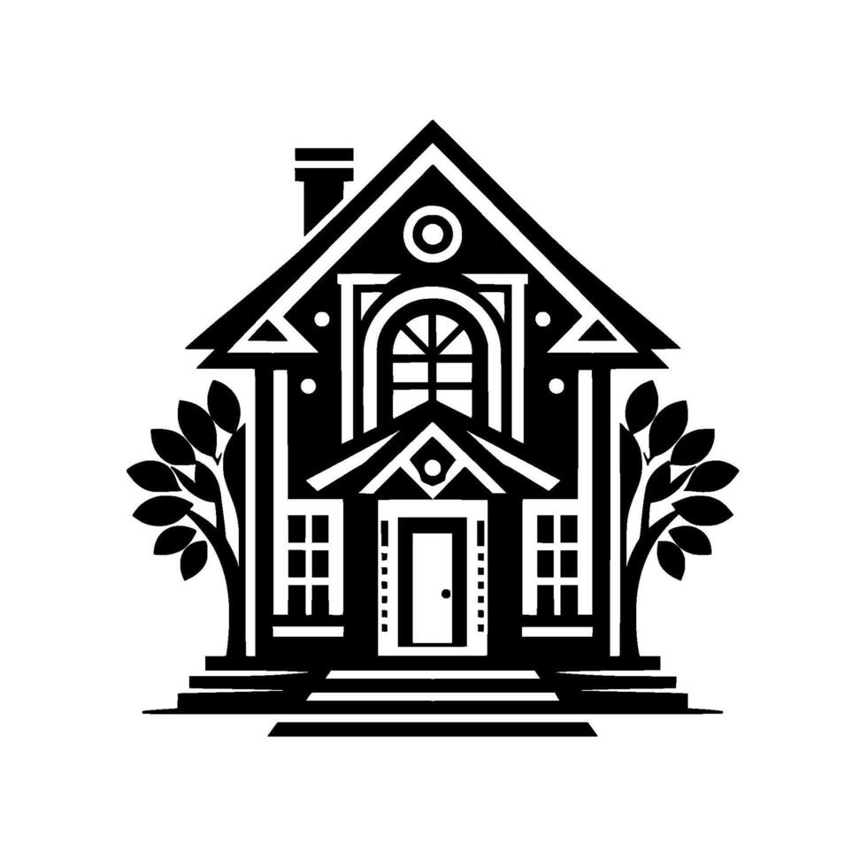 illustration of a black and white house with trees, geometric patterns, and a symmetrical on a white background. vector