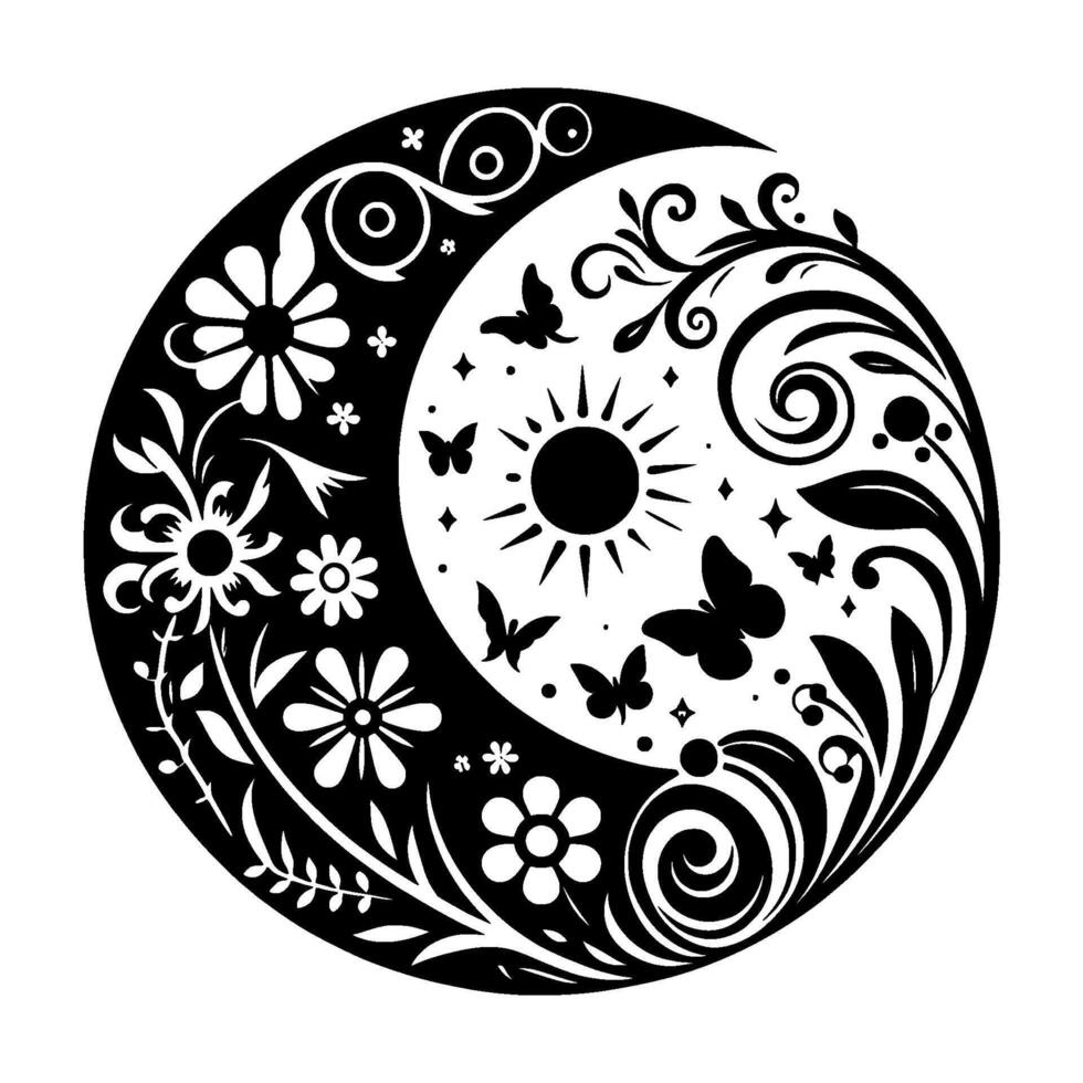 YinYang Harmony Floral, Butterfly, and Celestial Fusion A Monochromatic Balance of Night and Day, with Blooming Flowers, Spiraling Vines, and a Radiant SunMoon Duo. vector