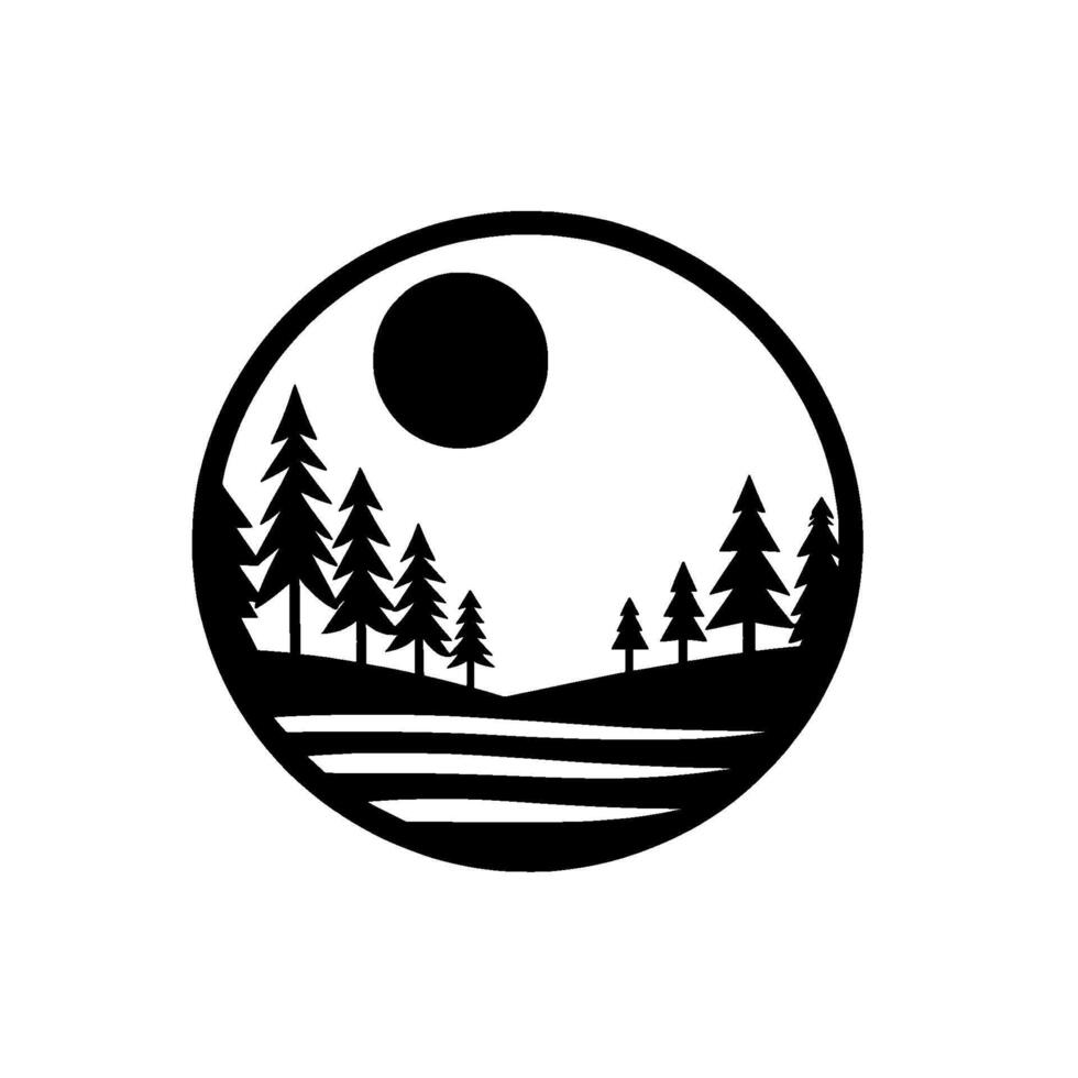 Minimalist Black and White Circular Landscape with Forest Silhouette, Sun, and Serene Atmosphere. vector
