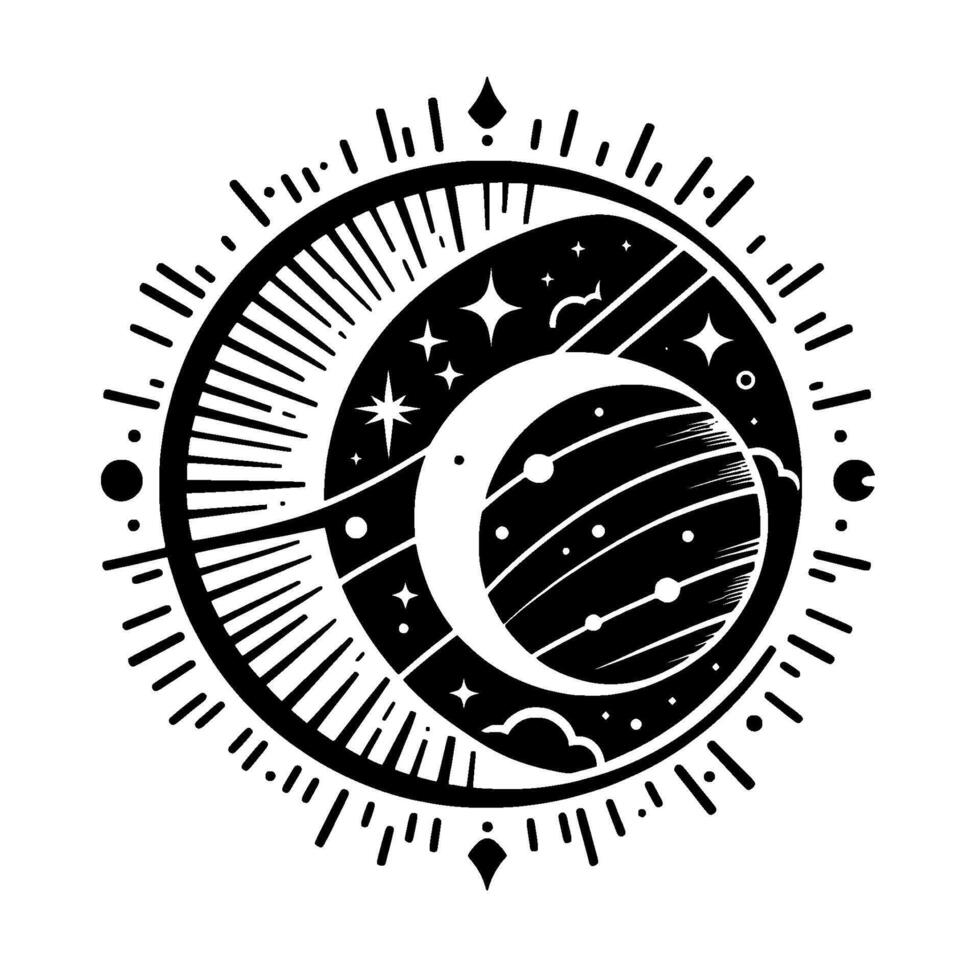 Celestial Black and White Illustration Crescent moon, starry night, planetary sphere, and radial within a circular frame. vector