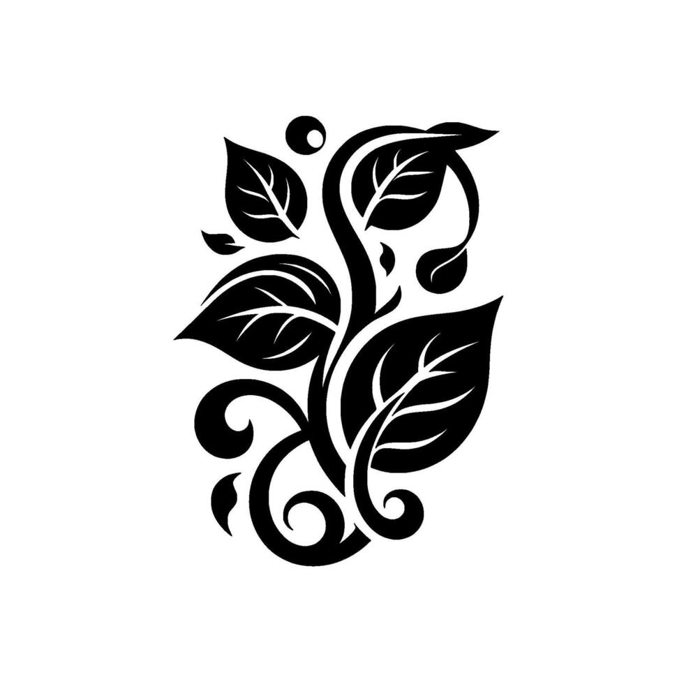 A stylized black and white botanical illustration featuring a symmetrical arrangement of leaves, tendrils, and a central stem against a clean white backdrop. vector