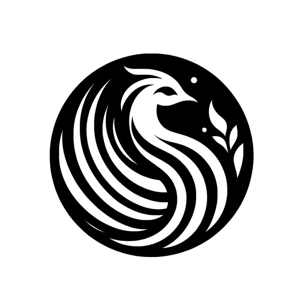 Minimalist Monochrome Circle Graceful Bird Embracing Leaves, Featuring Striking Black White Contrast on Clean Background. vector
