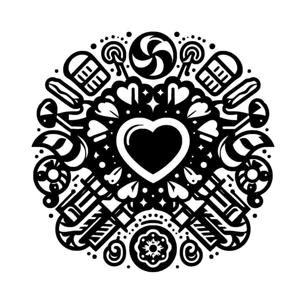 Intricate black and white circular featuring candy, heart, and whimsical elements creating a festive, celebratory mandala pattern. vector