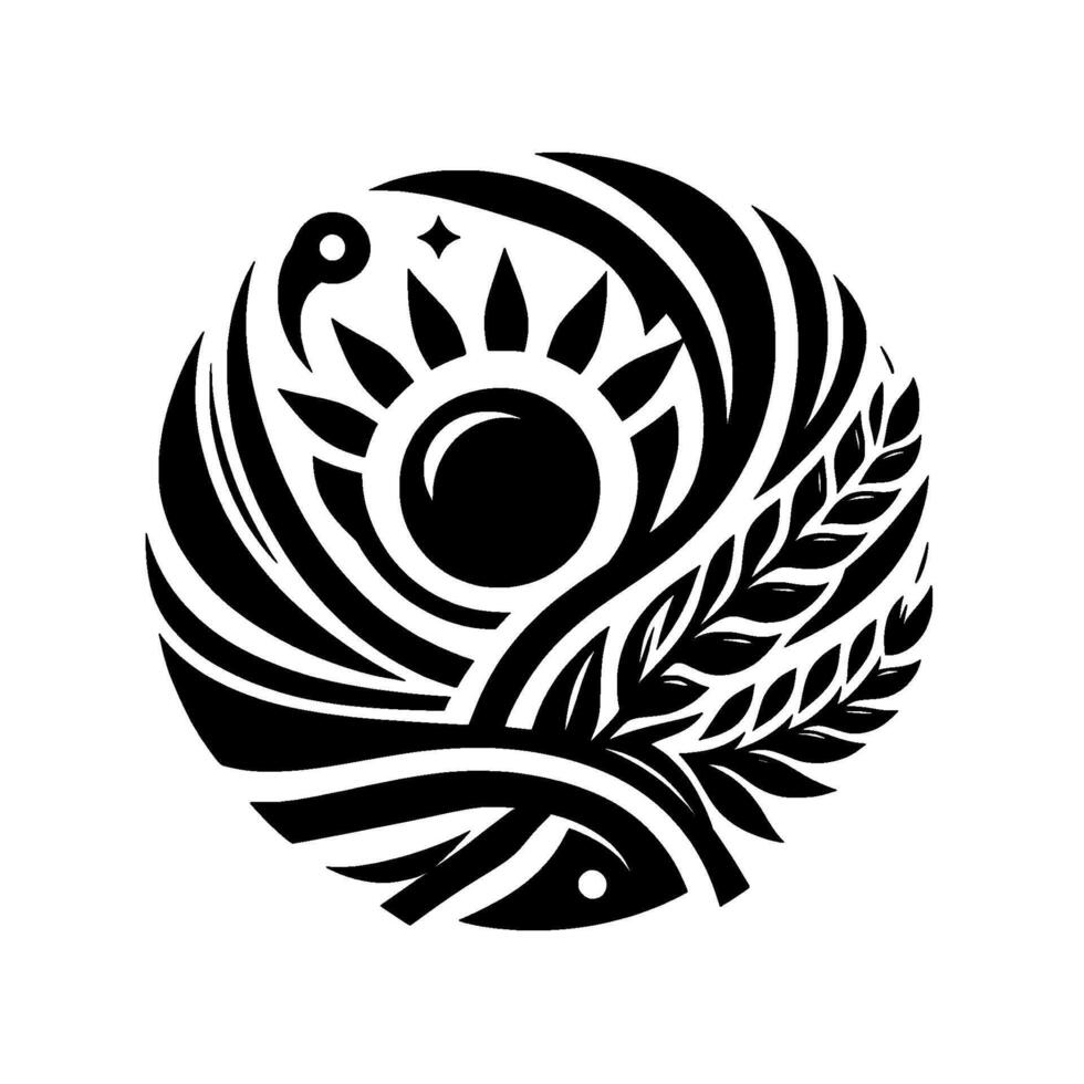 Symbolic Monochromatic Circle Sun, Bird, Fish, and Plant Elements Forming a Unified and Abstract Composition, on White. vector