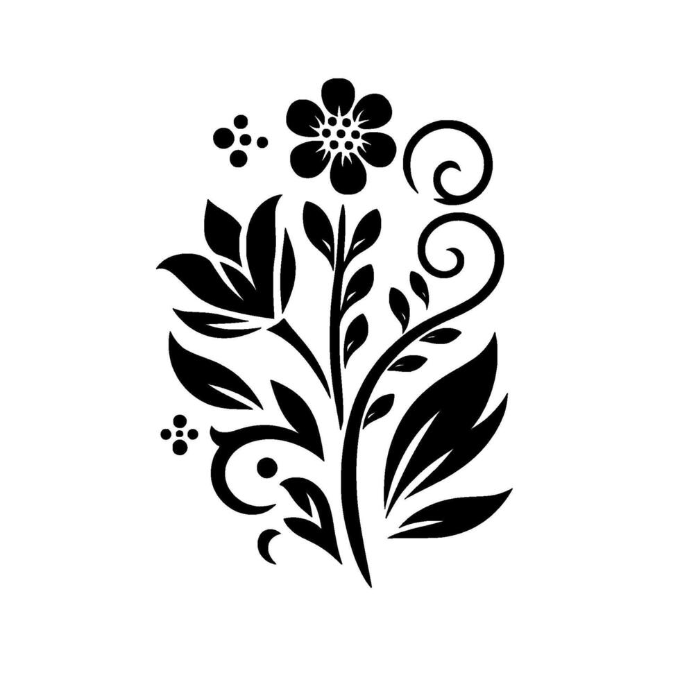A symmetrical black and white floral , featuring stylized flowers, leaves, and swirling tendrils, forming an elegant botanical pattern. vector