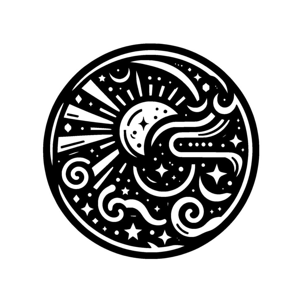 Circular Monochrome Celestial Featuring a Sun, Moon, Stars, and Swirling Clouds, Creating a Symbolic and Artistic Composition. vector