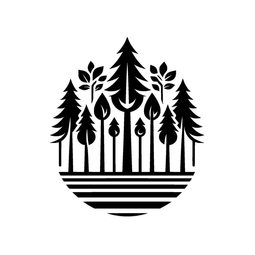 Stylized Black and White Forest Silhouette in Oval, Featuring Diverse Trees and Foliage Above Striped Ground vector