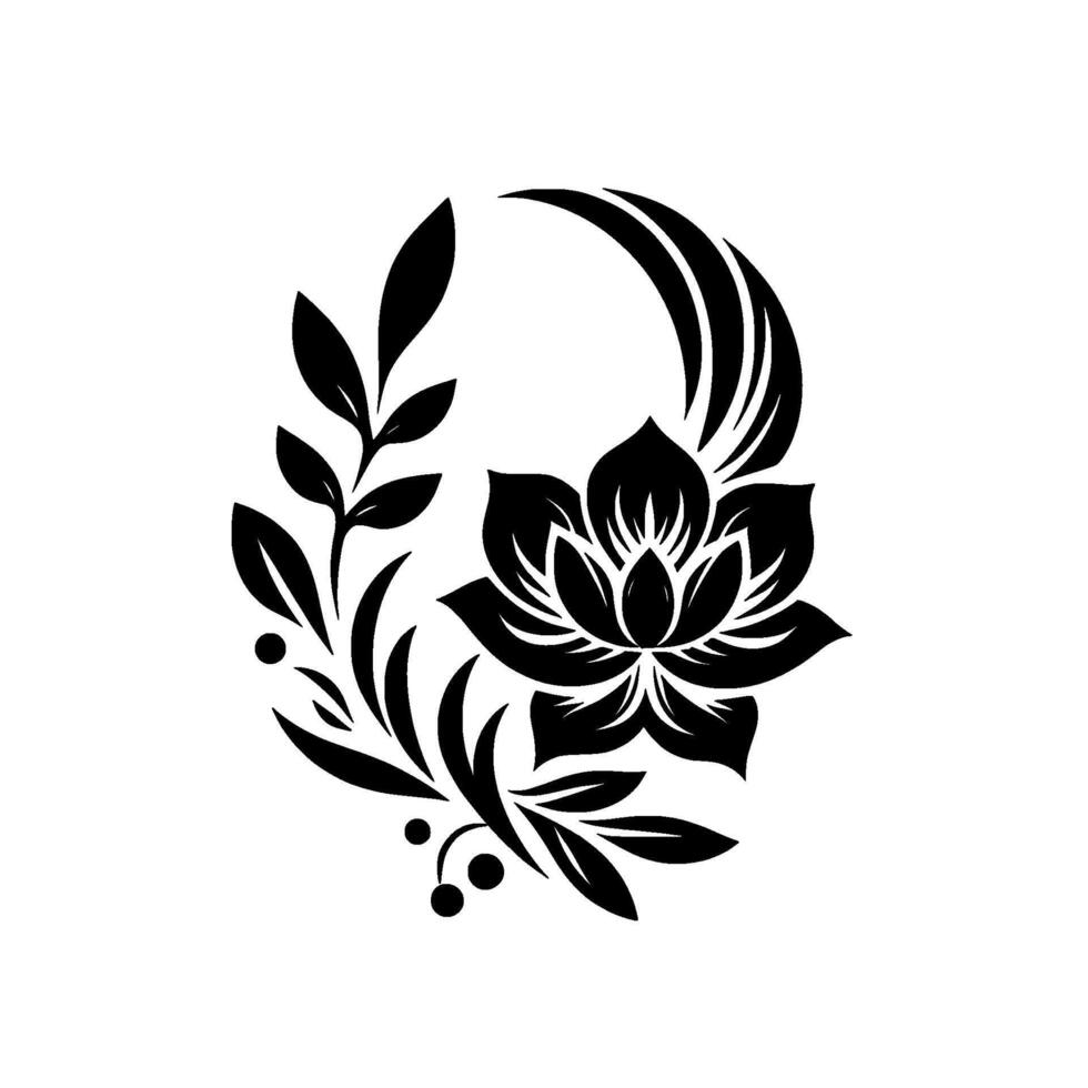 Elegant Black and White Floral Illustration A Lotus Blossom with Leafy Embellishments, Forming a Symmetrical Decorative , Set Against a Clean White Backdrop. vector