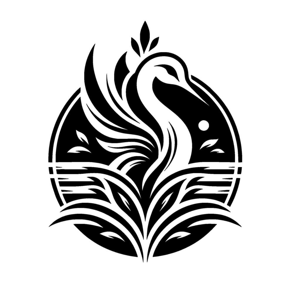Elegant Black and White Swan Crest Stylized Silhouette of a Swan Gracefully Emerging from Water, Within a Circular Emblem, with Leaves. vector