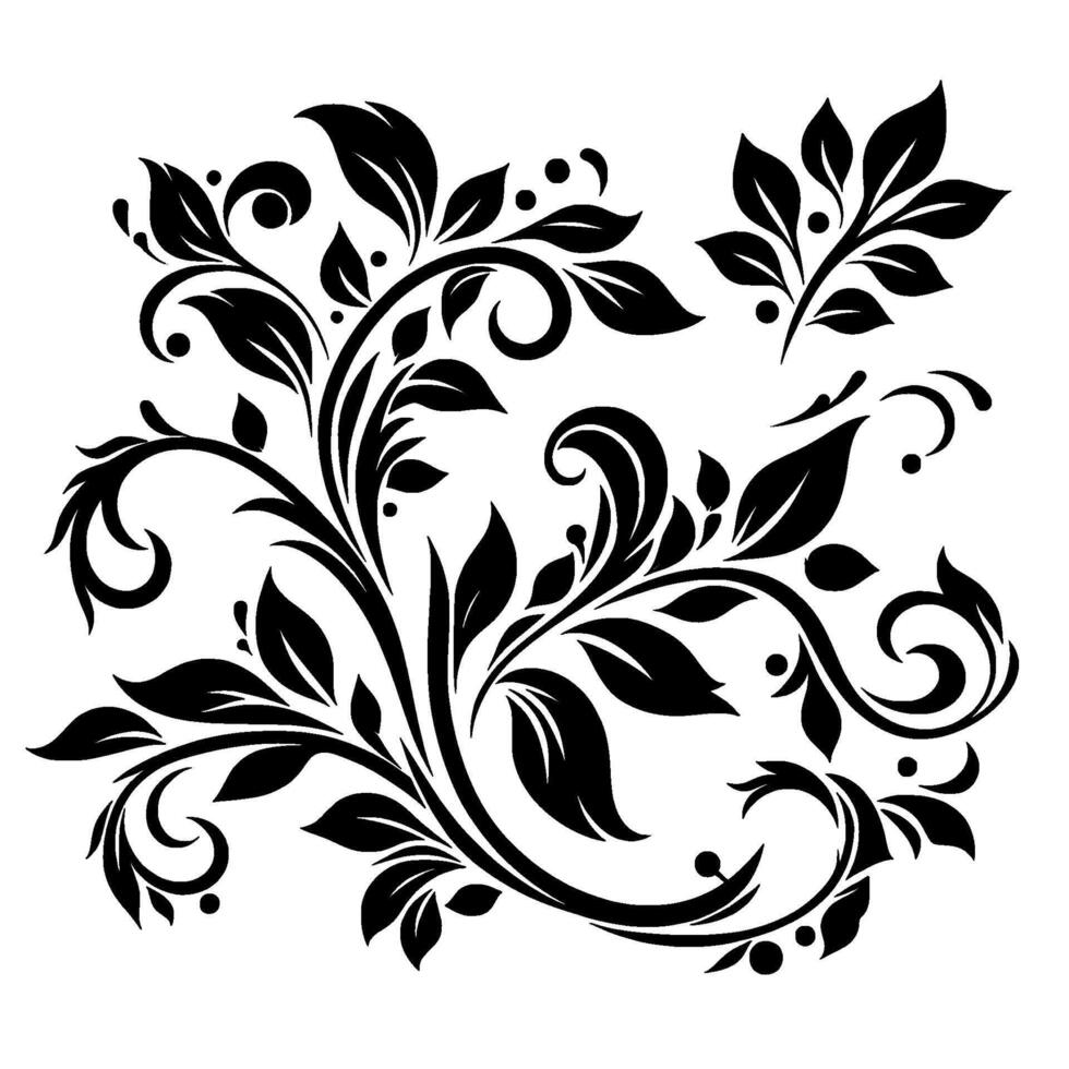 Elegant Black and White Floral Ornament , Flourish, Leafy Branches, Curlicues, Dots, Symmetrical Composition. vector