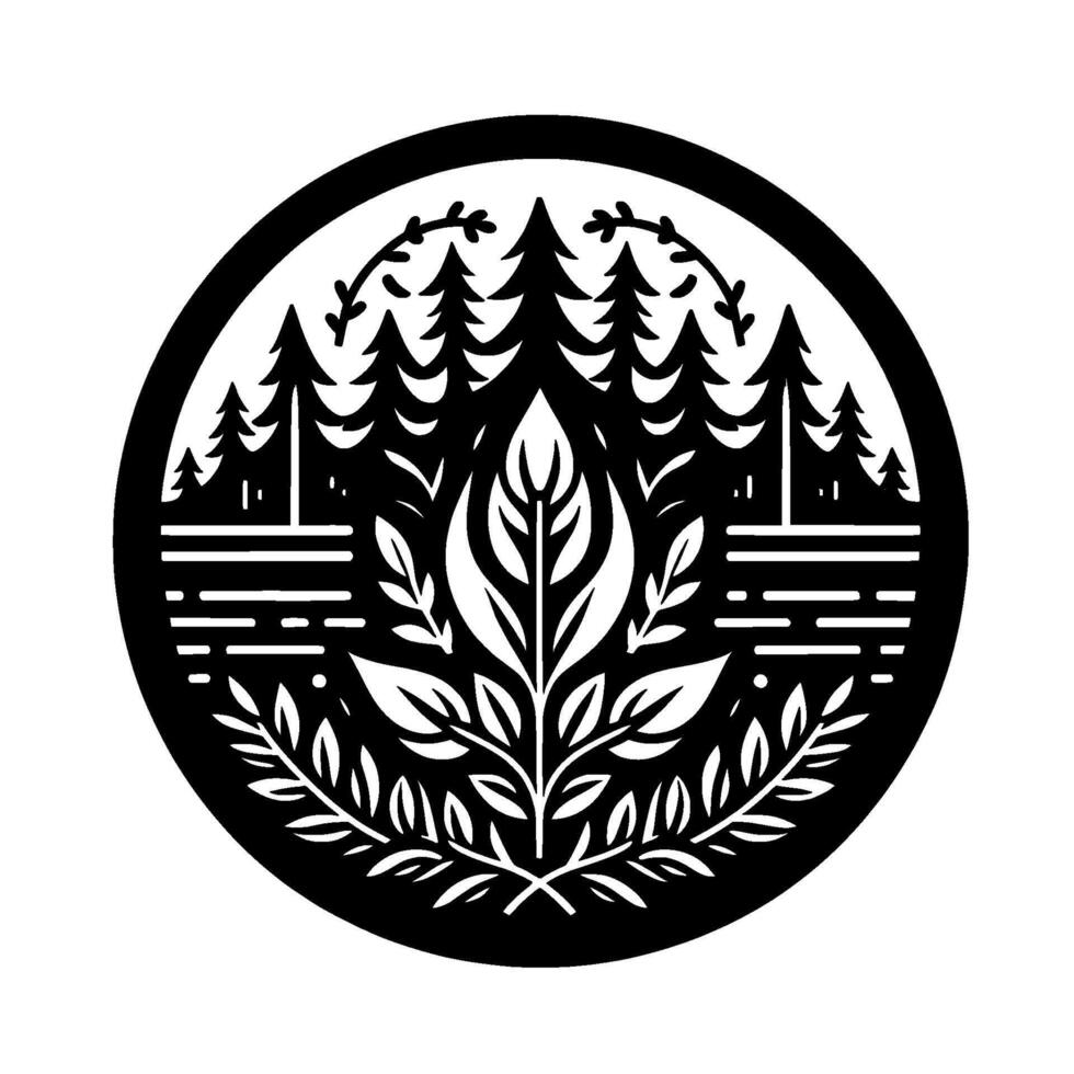 Black and white circular nature illustration featuring stylized trees, lake, and a central leaf arrangement, evoking a serene, minimalist aesthetic. vector