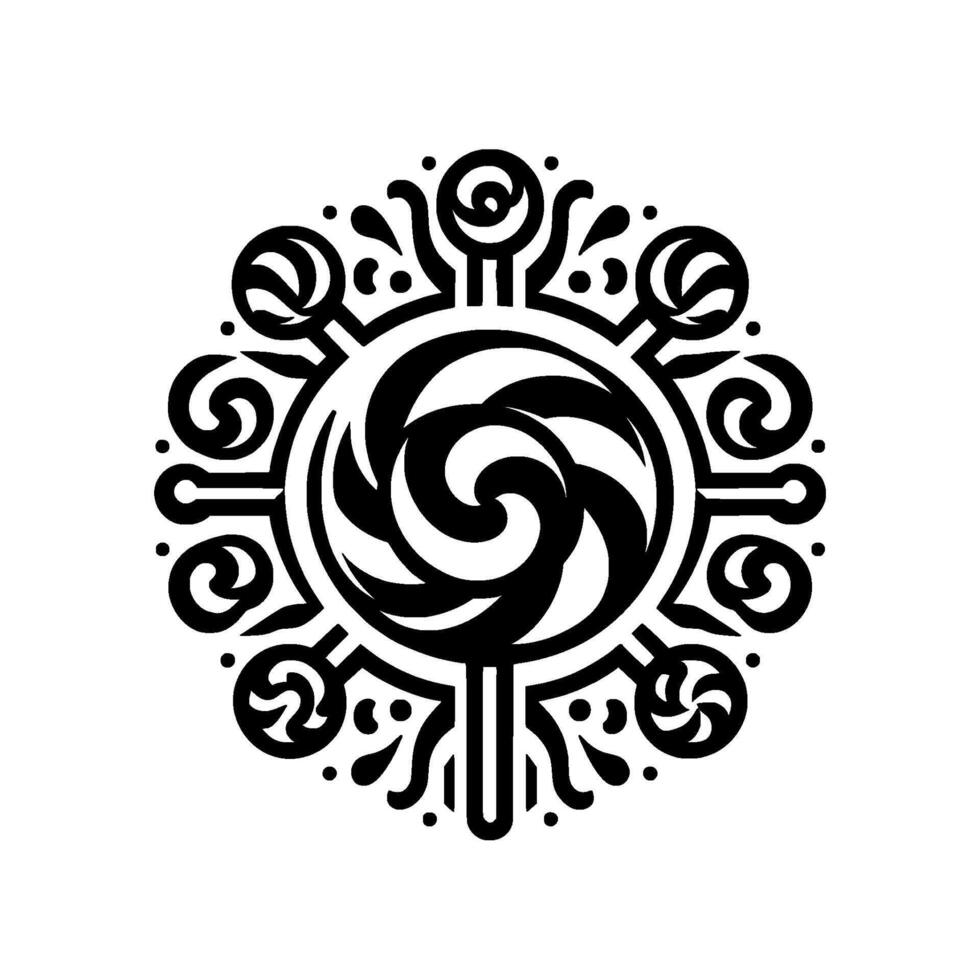 Intricate Black and White Mandala with Swirling Center and Decorative Ornaments on White Backdrop. vector