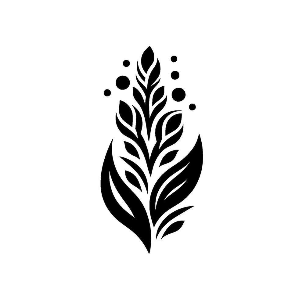 Elegant Black and White Botanical Stylized Plant Silhouette with Leaves and Dots, Isolated on White Background. vector