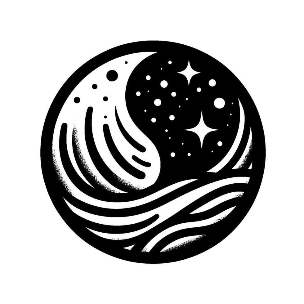 Yin Yang Emblem of Night Water A Celestial Tattoo Featuring Moon, Stars, and Flowing Waves in a Black and White Circle. vector