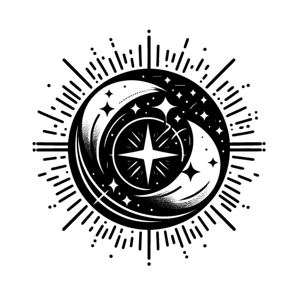 Celestial Circle A stylized black and white illustration of the cosmos, featuring a central star, crescent moons, and surrounding bursts, creating a cosmic and mystical effect. vector