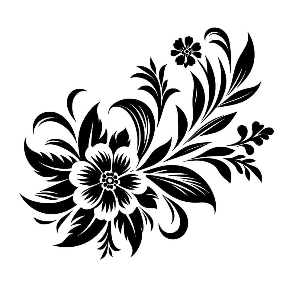 Exquisite black and white floral , showcasing intricate petals, elegant leaves, and swirling tendrils, elegantly arranged against a crisp white background. vector
