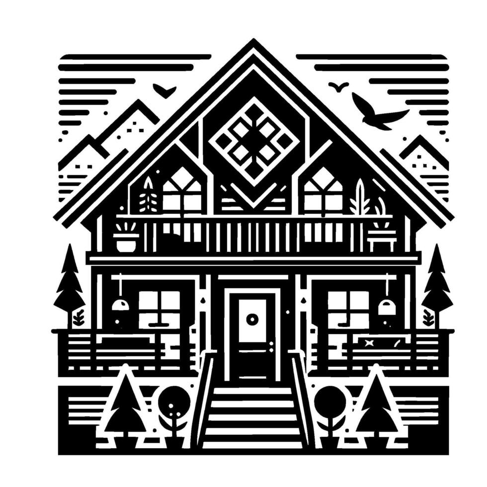 A bold, stylized black and white illustration of a cabin in the mountains, with detailed geometric and nature elements, evoking a sense of peace and tranquility. vector
