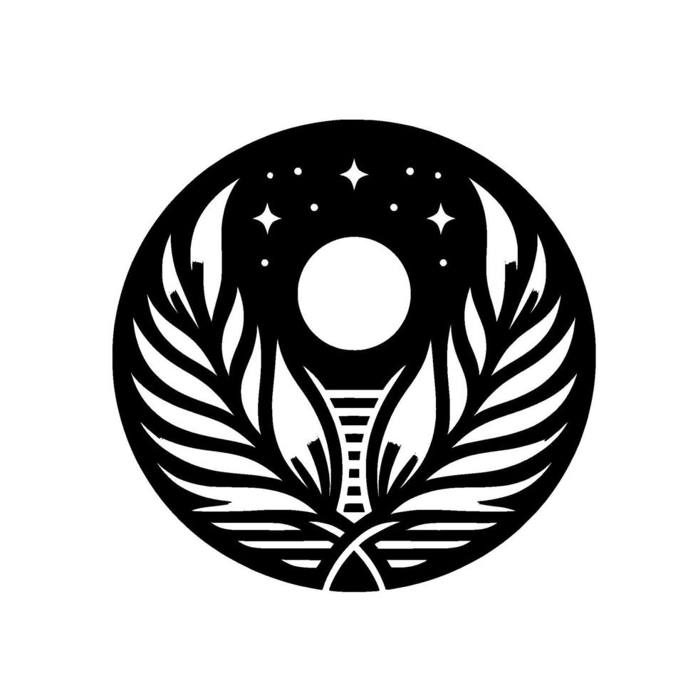 A stylized black and white circular illustration featuring celestial elements a central sun and starry night, embraced by stylized foliage. vector