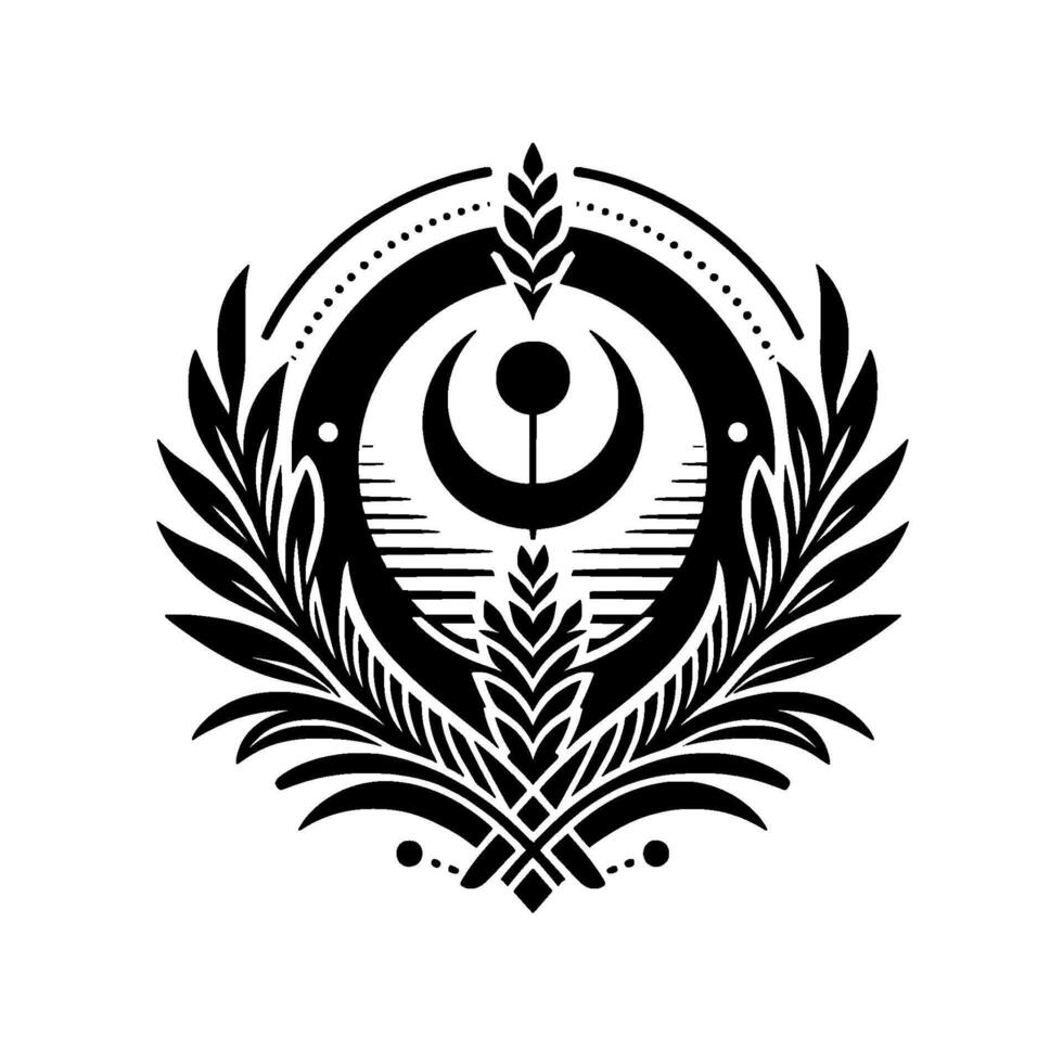 Intricate Black and White Emblem Crescent Moon, Wheat, Leafy Wreaths, and Geometric Patterns on White Background. vector