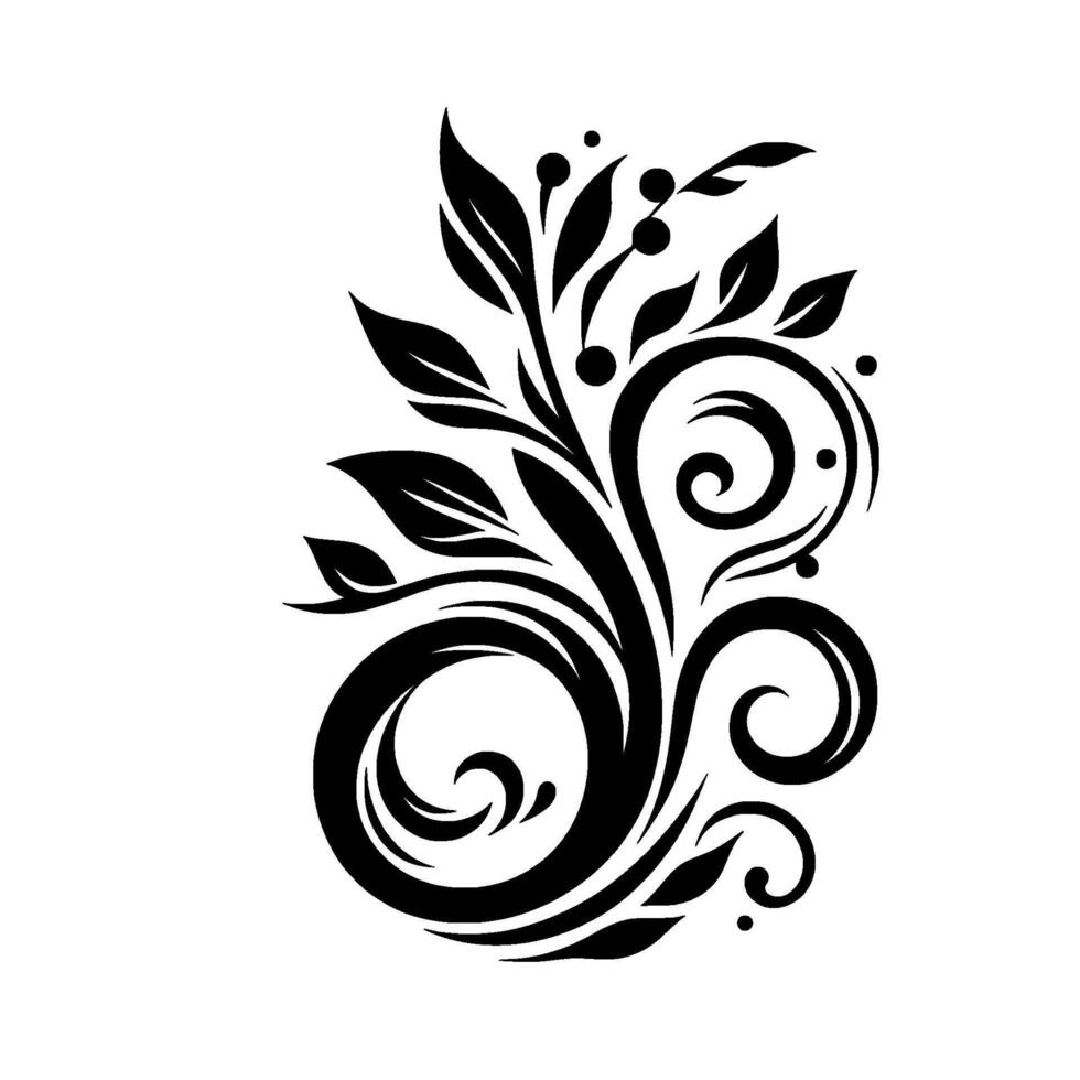Intricate Black and White Floral Featuring Swirls, Leaves, and Berries, Isolated on a Clean White Background. vector