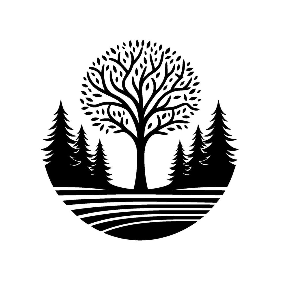 Black and White Circular Nature Illustration A Large Tree Surrounded by Pine Trees and a Grassy Landscape. vector