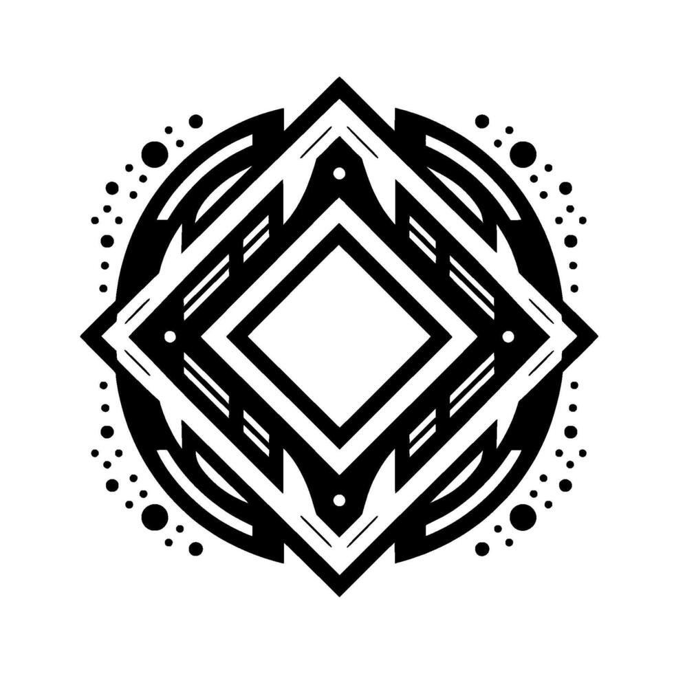 A symmetrical, black and white geometric featuring a central diamond shape encased within a layered, stylized circular pattern with dot accents. vector