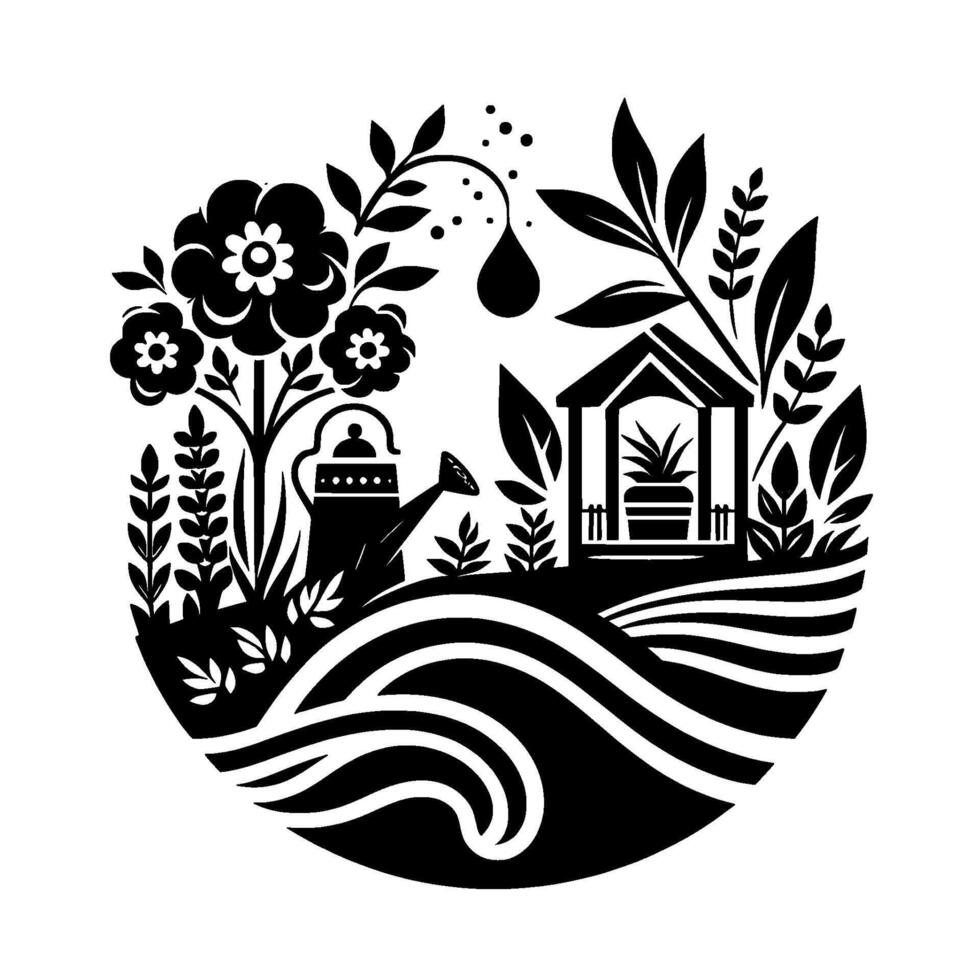 Whimsical black and white garden scene in a circular composition featuring flowers, a greenhouse, watering can and a stylized landscape. vector