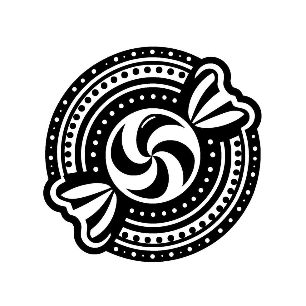 A circular, stylized black and white illustration of wrapped candy with a swirled center, encircled by patterned dots and lines. vector