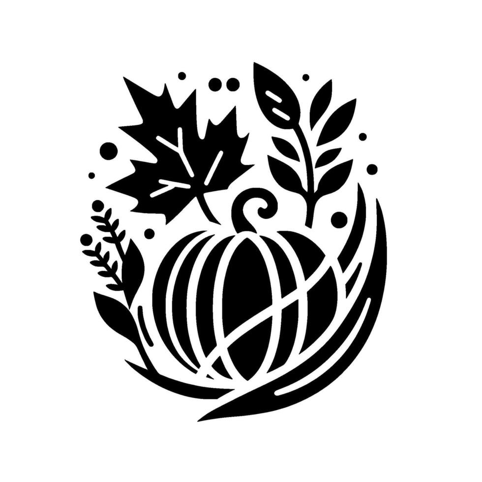 Monochromatic Silhouette A Stylized Autumnal Composition with Pumpkin, Leaf, and Foliage Elements in a Circular Arrangement. vector