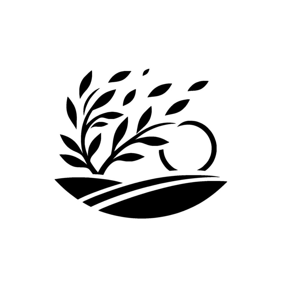 Minimalist Black White Depicting a Tree with Leaf Dispersion, Sun, and Landscape Elements vector