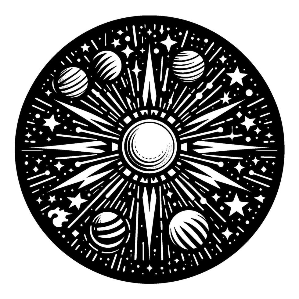 A stylized black and white illustration depicting a cosmic circular with a central sun, radiant rays, planets, stars, and celestial dots, conveying astronomical themes. vector