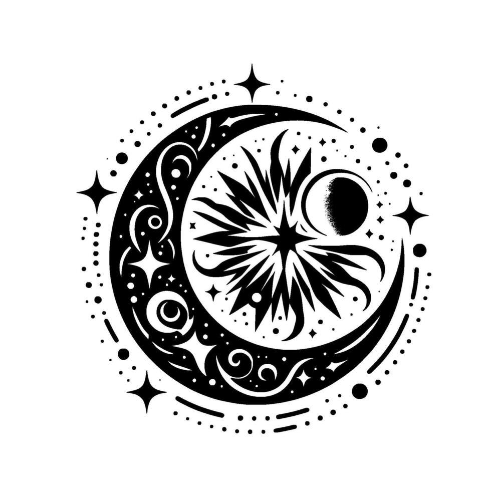 Celestial Black and White Emblem Crescent Moon, Sun, and Starburst with Ornate Detail and Stellar Accents. vector