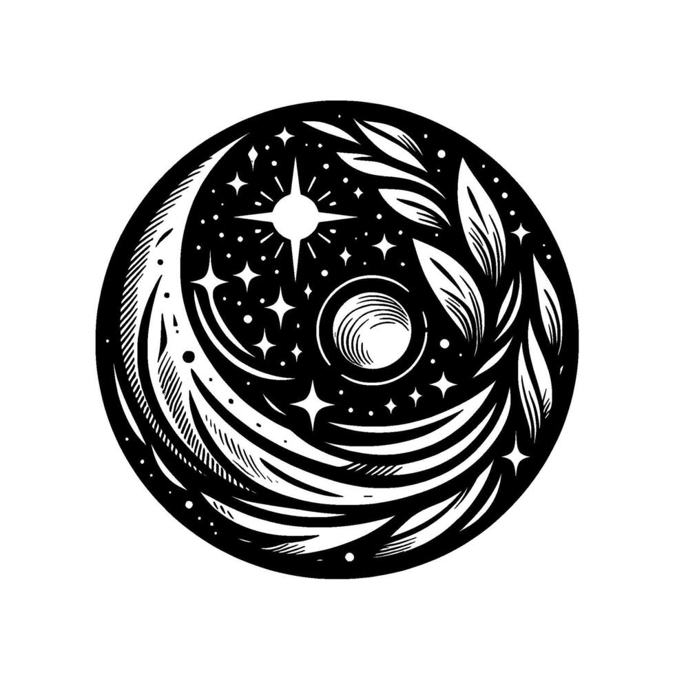 Celestial Mandala Crescent Moon, Stars, Sunburst, and Leafy Accents in a Circular Black White . vector