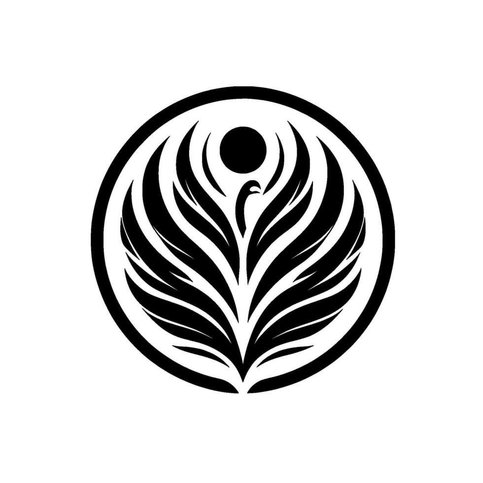 Bold black and white circular emblem featuring a stylized bird rising with outstretched winglike feathers and a celestial sphere. vector