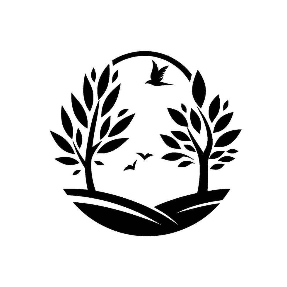 Silhouette of a serene nature scene enclosed within a circle, featuring trees, rolling hills, and flying birds, conveying tranquility. vector