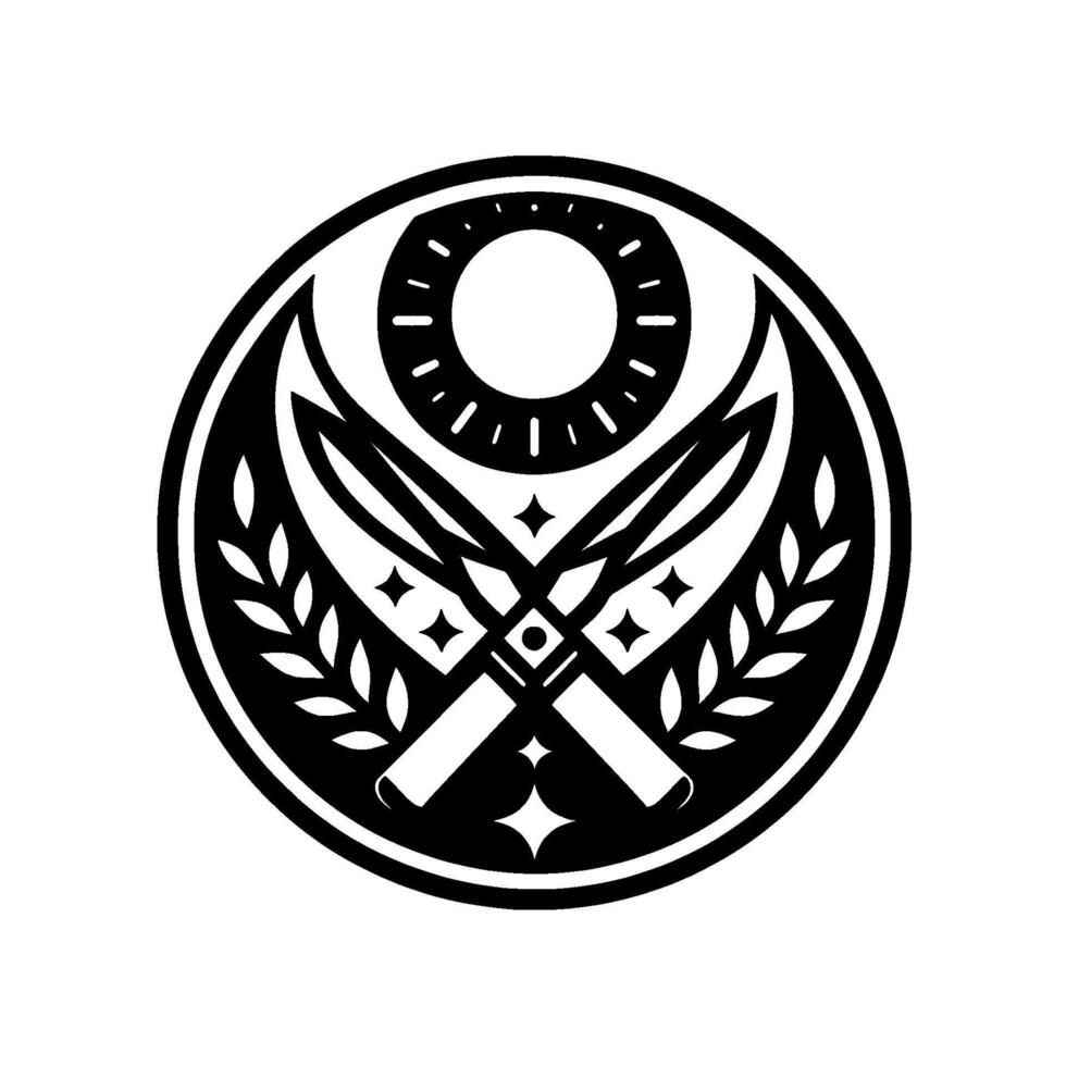 Black and White Circular Crest Crossed Swords, Celestial Sun, Laurel, and Stars in a Clean Minimalist . vector