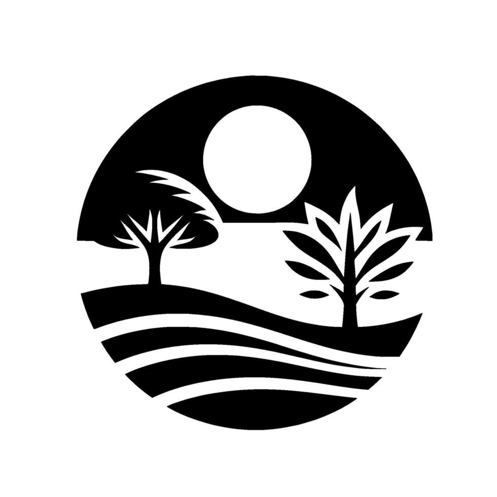 Black and White Landscape Scene, Trees Silhouetted on Rolling Hills Under Moon Within a Circular Frame. vector