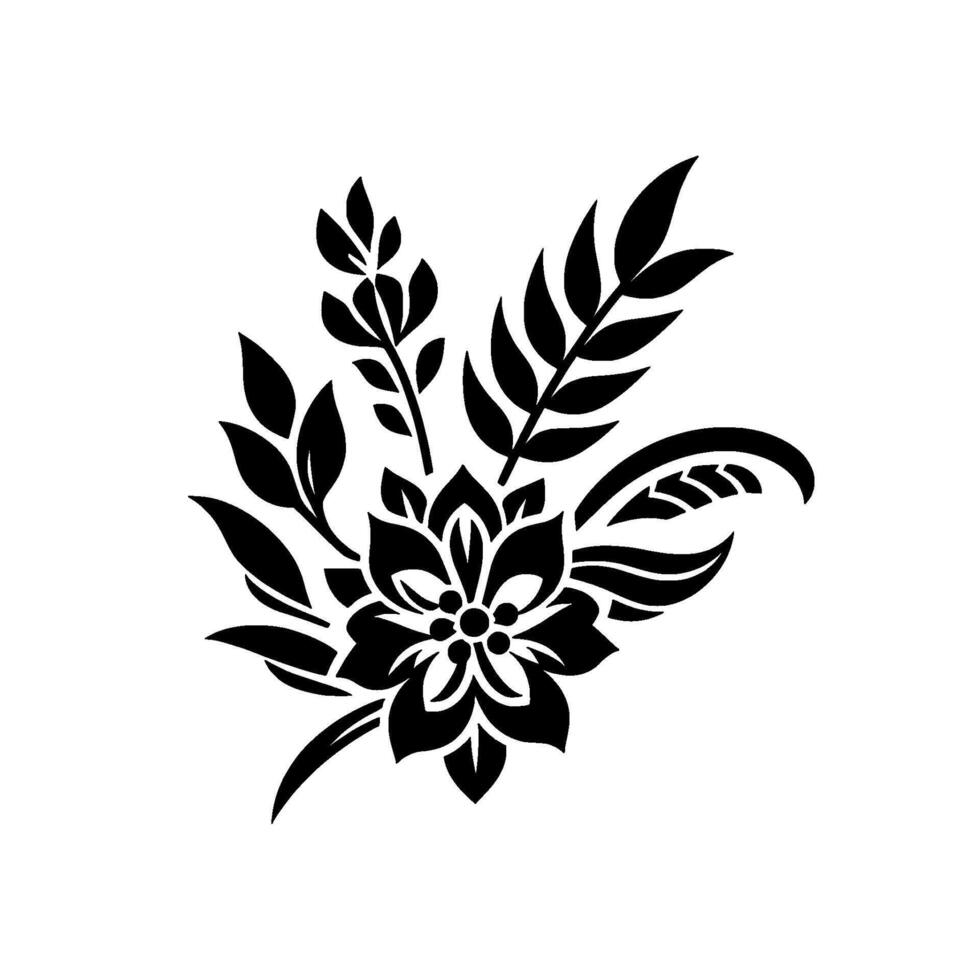 Elegant Black and White Floral Illustration with Intricate Petals, Leaves, and Decorative Elements vector
