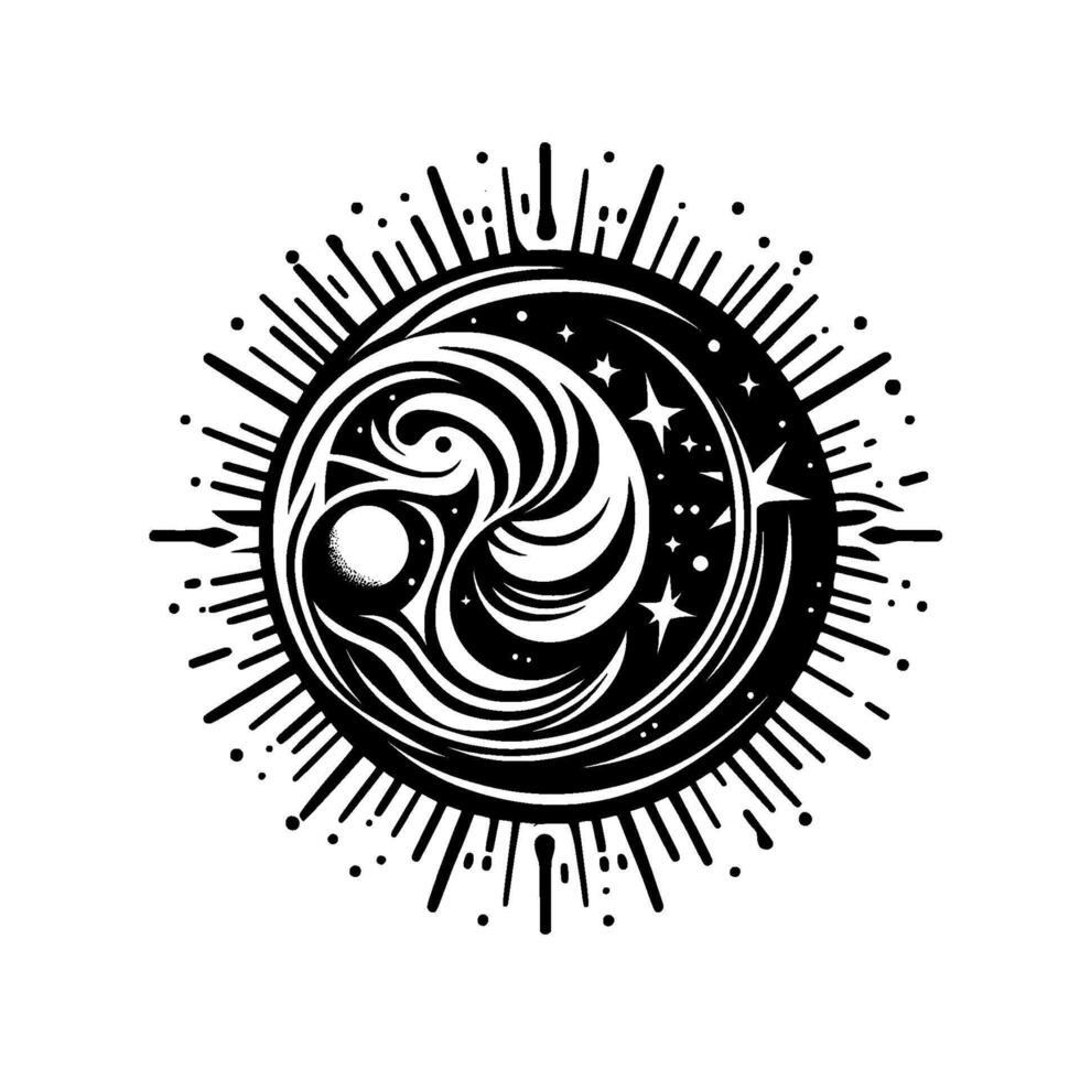 Intricate black and white illustration Swirling cosmic elements encircled by a radiant stylized sunburst. vector