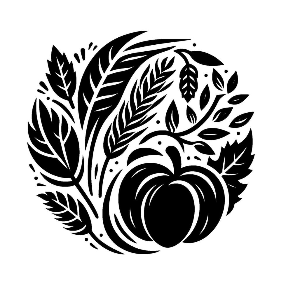 Black White Circular Illustration of Pumpkin, Leaves, and Foliage, Symbolizing Autumn Harvest Thanksgiving. vector
