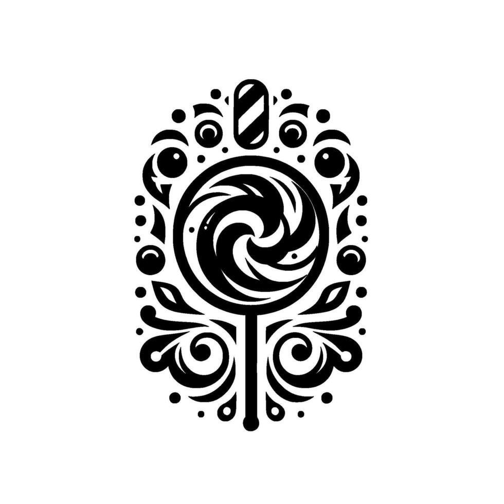 Intricate Black and White Swirl Lollipop Illustration, Ornate Oval Frame with Floral and Dot . vector