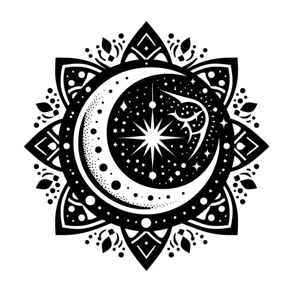 Ornate Black and White Celestial Mandala Featuring Crescent Moon, Starburst, and Cosmic Dots with Geometric Floral Border. vector