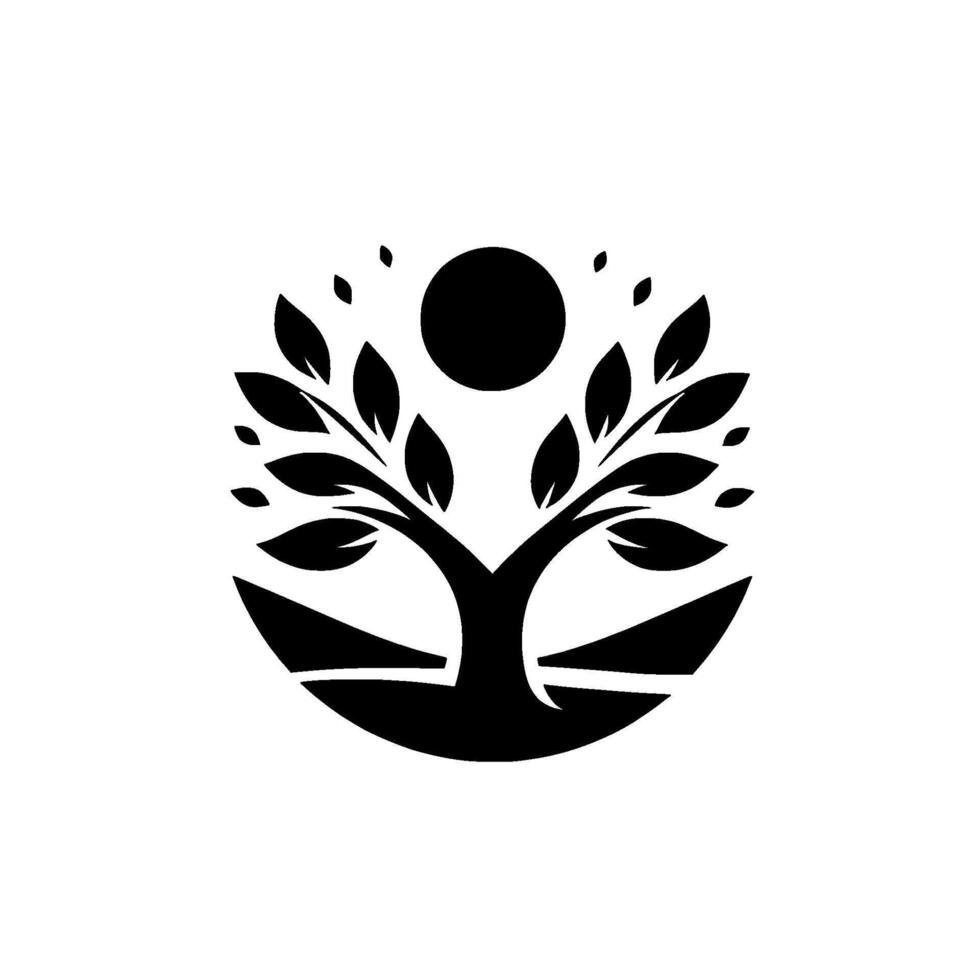 Minimalist Black and White Featuring a Stylized Tree with a Sun or Moon in a Circular Frame, Representing Growth. vector