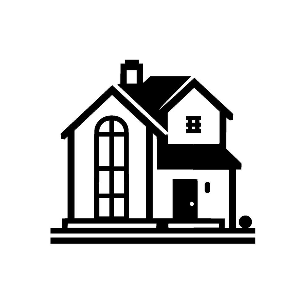 Minimalist Black and White Illustration of a Suburban House with Architectural Details, Chimney, and Door. vector