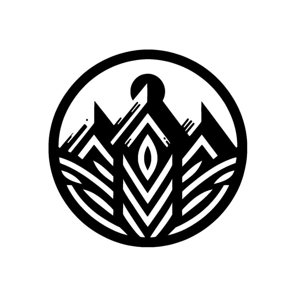 Black and White Geometric Mountain and Sun Enclosed in a Circular Frame, Creating a Modern Minimalist or . vector