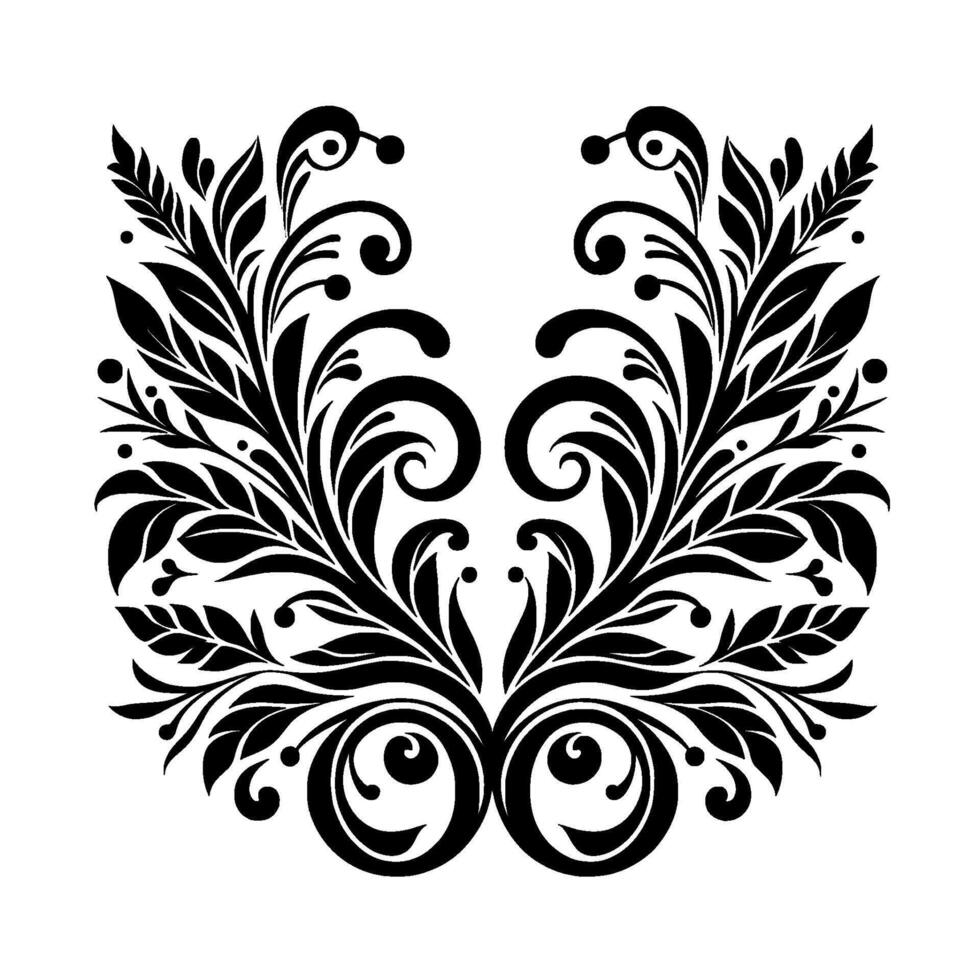Symmetrical Black Flourish with Leaves, Curls, and Dots on White Background, Art Style. vector