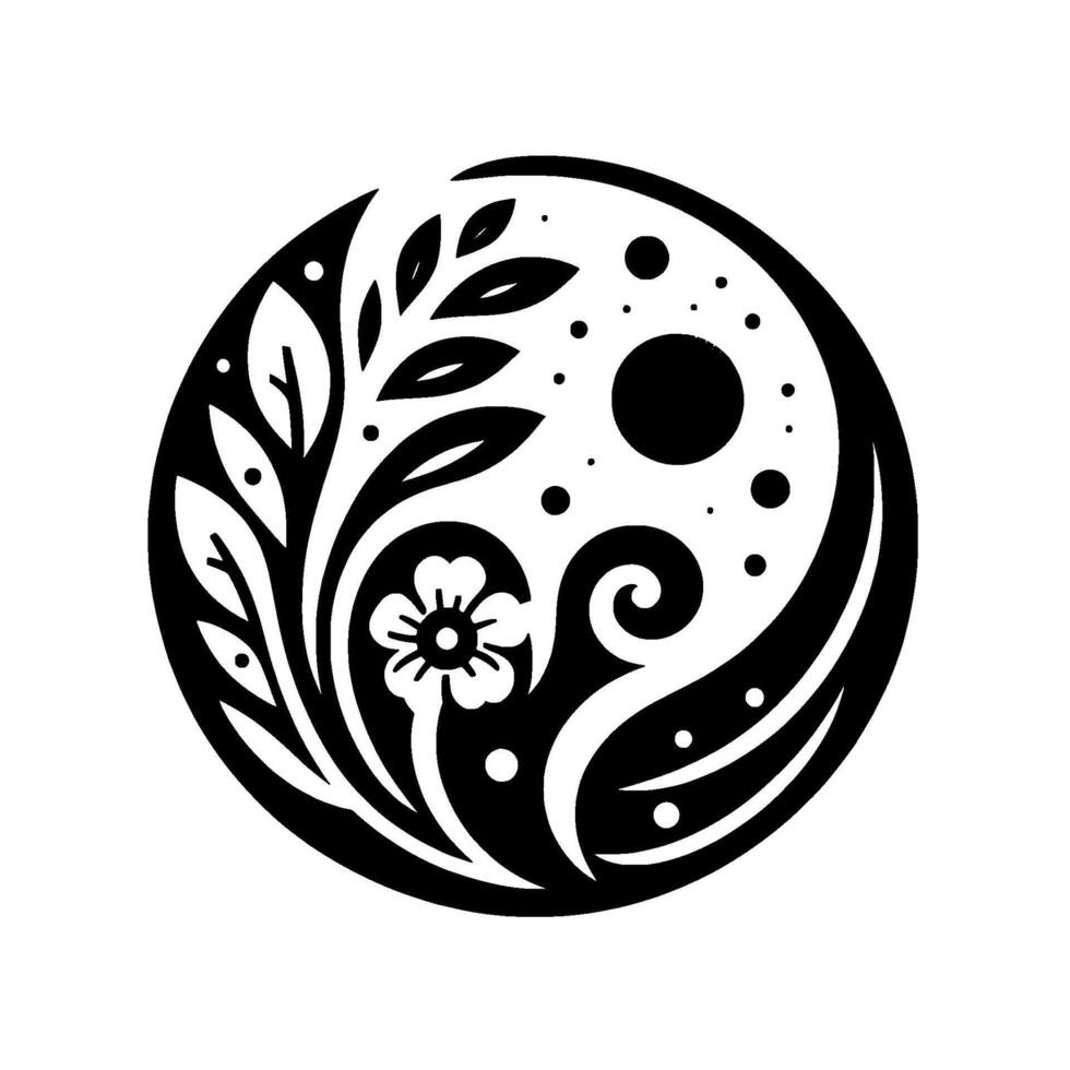 Black and White YinYang Floral with Leaves, Flower, Moon and Starlike Dots. vector