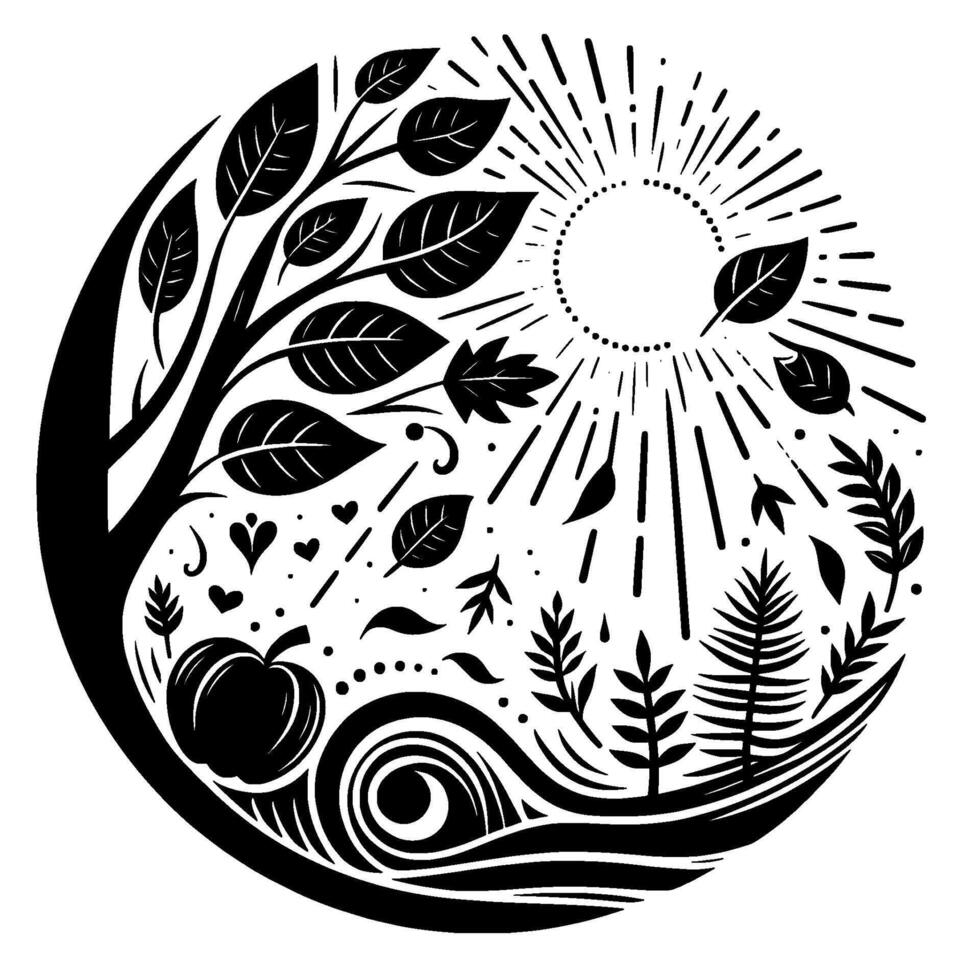 Circular Black and White Illustration A Tree with Leaves, Sunburst, Pumpkin, Nature Elements. vector